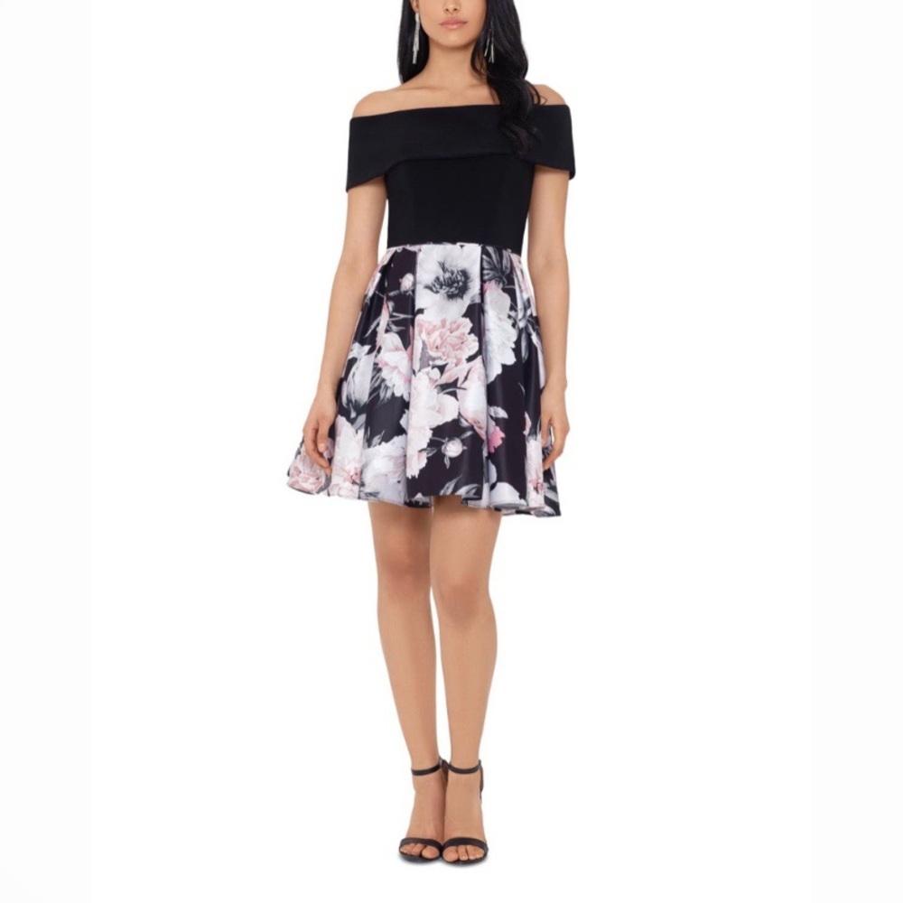 NWT Betsy & Adam Off Shoulder Dress Black Blush Floral Cocktail Wedding Party 10
